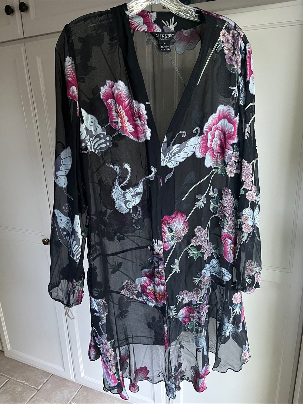 Citron Santa Monica Floral Butterfly Black Pink Open Cardigan Robe Kimono Sz. XL